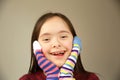 Beautiful girl smiling with different socks Royalty Free Stock Photo