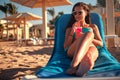 Beautiful girl smiling while drinking cocktail on the beach Royalty Free Stock Photo