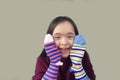 Beautiful girl smiling with socks Royalty Free Stock Photo