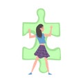 Beautiful Girl Solving Jigsaw Puzzle, Person Trying to Connect Big Green Puzzle Element Cartoon Style Vector Royalty Free Stock Photo