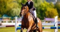 Beautiful girl on sorrel horse in jumping show, equestrian sports. Light-brown horse and girl in uniform going to jump Royalty Free Stock Photo