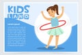 Beautiful girl spinning a hula hoop around her waist, kids land banner flat vector element for website or mobile app