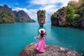 Beautiful girl standing on the rock at James Bond island in Phang nga, Thailand. Royalty Free Stock Photo