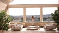 A beautiful girl stands on the balcony of a luxury house