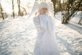 Beautiful girl stands in sunny snowy forest in image of good angel with wings