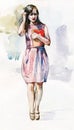 Beautiful girl staying with the folder watercolor illustration