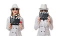 Beautiful girl in striped clothing holding clapperboard isolated Royalty Free Stock Photo