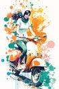 Beautiful girl in a stylish closes sits on a vintage moped.