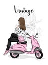 Beautiful girl in a stylish closes sits on a vintage moped. Vector illustration for postcard or poster, print for clothes. Royalty Free Stock Photo