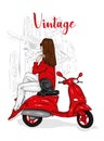 Beautiful girl in a stylish closes sits on a vintage moped. Vector illustration for postcard or poster, print for clothes. Royalty Free Stock Photo