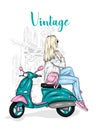 Beautiful girl in a stylish closes sits on a vintage moped. Vector illustration for postcard or poster, print for clothes. Royalty Free Stock Photo