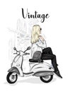 Beautiful girl in a stylish closes sits on a vintage moped. Vector illustration for postcard or poster, print for clothes. Royalty Free Stock Photo