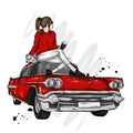 A beautiful girl in stylish clothes sits on a retro car. A glass of coffee. Fashion and style, clothing and accessories.