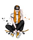 Beautiful girl in stylish clothes and a skateboard. Skater. Emo kid. Vector illustration for a postcard or poster. Royalty Free Stock Photo