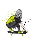 Beautiful girl in stylish clothes and a skateboard. Skater. Emo kid. Vector illustration for a postcard or poster. Royalty Free Stock Photo