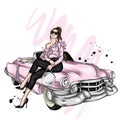 Beautiful girl in stylish clothes and a vintage car. Fashion and style, clothing and accessories. Vector illustration