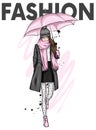 Beautiful girl in a stylish coat, boot, scarf and hat. Autumn clothes and umbrella. Autumn, spring and winter.