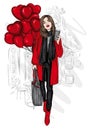 A beautiful girl in a stylish coat. Fashionable clothes and accessories, fashion and style. Heart shaped balloons. Valentine`s Day