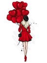 A beautiful girl in a stylish coat. Fashionable clothes and accessories, fashion and style. Heart shaped balloons. Valentine`s Day