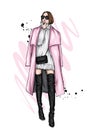 Beautiful girl in a stylish coat and high boots. Fashionista with glasses. Vector illustration. Fashion and style.