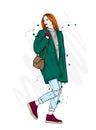 Beautiful girl in a stylish coat, jeans and shoes. Vector illustration for a postcard or a poster. Fashion and style. Royalty Free Stock Photo