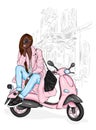 Beautiful girl in a stylish coat, jeans and shoes. Vector illustration for a postcard or a poster. Fashion and style, clothing. Royalty Free Stock Photo