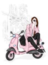 Beautiful girl in a stylish coat, jeans and shoes. Vector illustration for a postcard or a poster. Fashion and style, clothing. Royalty Free Stock Photo