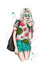 Beautiful girl in a stylish hat, t-shirt and shorts. Summer clothes. Fashion & Style. Vector illustration for greeting card.