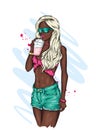 Beautiful girl in a stylish hat, t-shirt and shorts. Summer clothes. Fashion & Style. Vector illustration.