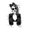 A beautiful girl in a stylish jacket and glasses with spikes. Vector illustration. Fashion & Style. Rock.