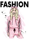 Beautiful girl in a stylish tracksuit. Fashion clothes and accessories, fashion and style. Illustration. Bright drawing.