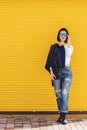 Beautiful girl sunglasses on bright yellow background Royalty Free Stock Photo