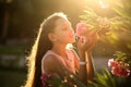 Beautiful girl at sunset in flowers. Royalty Free Stock Photo