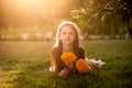 Beautiful girl at sunset in flowers. Royalty Free Stock Photo