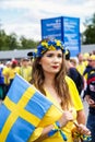 Beautiful girl supporting of Sweden national football team.