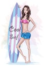 Beautiful girl with surfboard. Sketch. Pretty sport girl. Fashion woman.