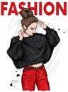 Beautiful girl in a sweater and trousers. Woman with a stylish haircut. Vector illustration for a card or poster.