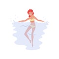 Beautiful girl swimming in the sea. Summer recreation. Red-haired woman with smiling face. Flat vector icon Royalty Free Stock Photo