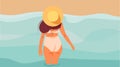 A beautiful girl swims in the sea.Young lady,girl in bikini and hat on the beach Royalty Free Stock Photo