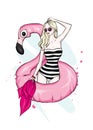 A beautiful girl in a swimsuit with a swimming circle looking like a flamingo. Sea, vacation, vacation. Vector illustration, sketc