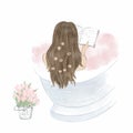 Beautiful girl taking a bath and reading a book, diary. Hand drawn illustration Royalty Free Stock Photo