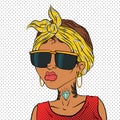 Beautiful girl with a tattoo on her neck in sunglasses Vector illustration in pop-art comic book style