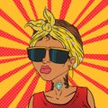 Beautiful girl with a tattoo on her neck in sunglasses Vector illustration in pop-art comic book style