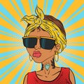 Beautiful girl with a tattoo on her neck in sunglasses Vector illustration in pop-art comic book style