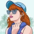 Beautiful girl wear sunglasses and hats for seaside fashion Illustration vector On pop art comic style Colorful beach background Royalty Free Stock Photo