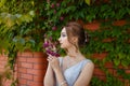 Beautiful girl in tender prom dress on brick wall and green ivy bush with flowers background. Female portrait Royalty Free Stock Photo