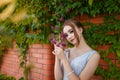 Beautiful girl in tender prom dress on brick wall and green ivy bush with flowers background. Female portrait on spring landscape. Royalty Free Stock Photo