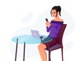Beautiful girl texting on her phone while sitting on a chair in-front of her laptop Premium Vector Royalty Free Stock Photo