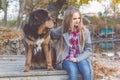 Beautiful girl with tibetan mastiff on the nature Royalty Free Stock Photo