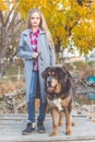 Beautiful girl with tibetan mastiff on the nature Royalty Free Stock Photo